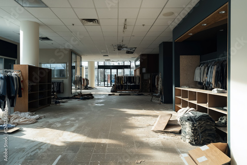 Abandoned clothing store with dusty interiors and empty racks captures the eerie silence of a once-busy retail space photo