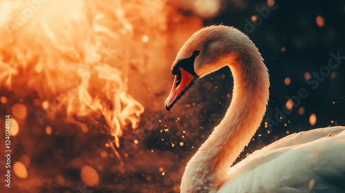 white swan  with white feathers isolated on fire background
