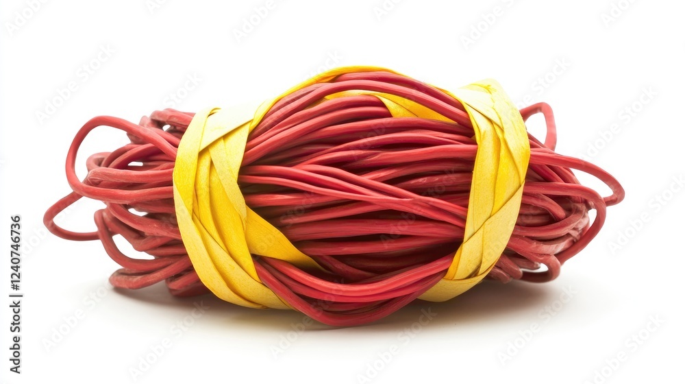 A colorful bundle of wires wrapped in red and yellow electrical tape, neatly arranged for safe and effective electrical installations. A colorful bundle of wires wrapped in red and yellow electrical tape, neatly arranged for safe and effective electrical installations.
