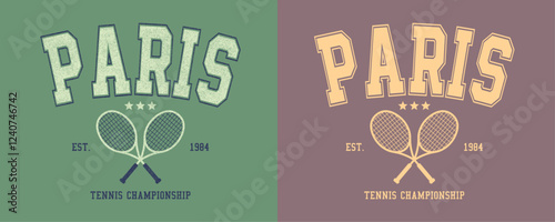 Paris Tennis Championship retro college varsity typographic vector graphic.