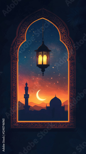 Starry Sky View Through Ornate Window with Lantern and Mosque