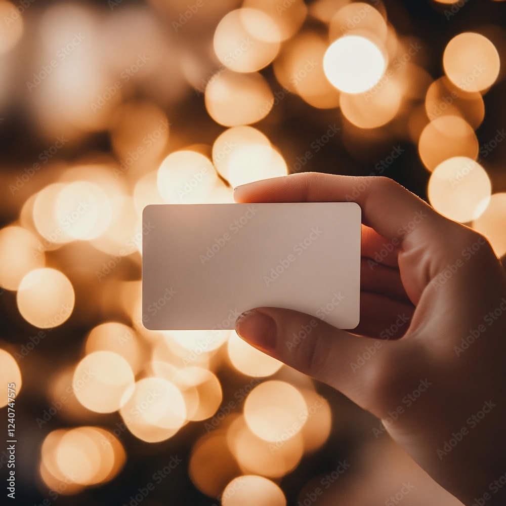 Hand holding blank white card, bokeh lights. (1) Hand holding blank white card, bokeh lights. (1)