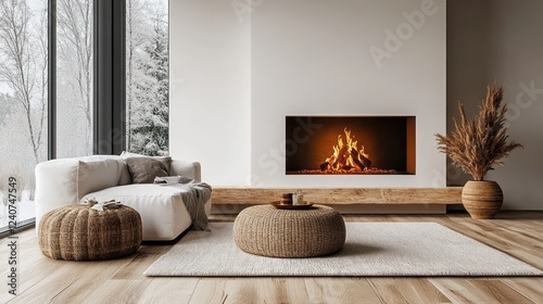 Wallpaper Mural Cozy winter living room with fireplace and snowy view Torontodigital.ca