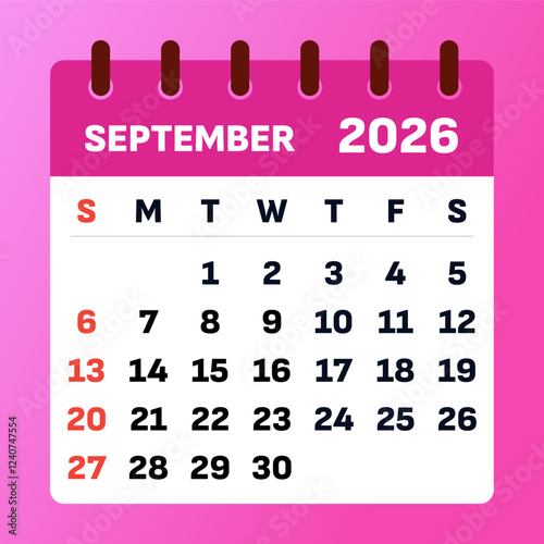 September 2026 Calendar. September 2026 Monthly Planner. september 2026. Pink sep 2026 Time Management Calendar. vector design