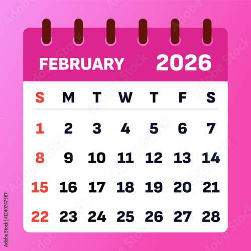 Pink february calendar and planner, Strategic february 2026 Time Planner.  Feb 2026 Monthly Calendar and Productivity Map. Vector illustration. Flat design.
