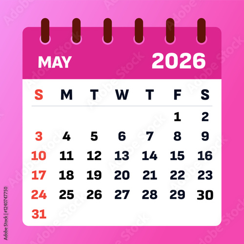 May 2026 Monthly Calendar. Pink may calendar and planner, Strategic may 2026 Time Planner. Vector design. calendar vector. Flat illustration.