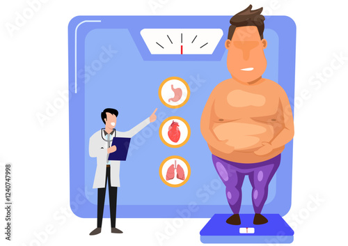 Obesity problem. Overweight people get medical advice and diagnosis. Negative effects of obesity on human health and internal organs