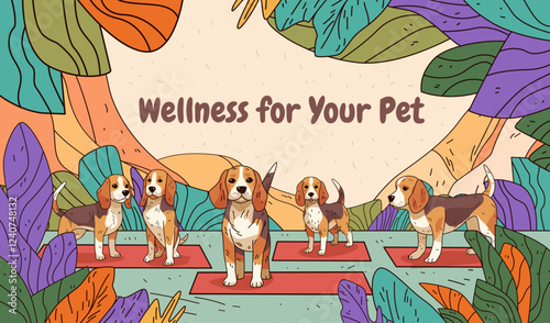 Beagle dogs wellness theme colorful nature background with dogs on mats surrounded by abstract leaves in vibrant colors ideal for pet care website banner photo