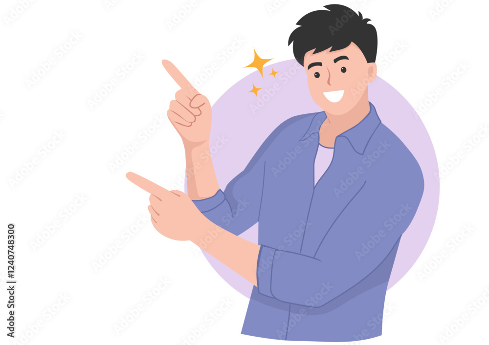 Young man pointing fingers of both hands to right side, happy face. Vector illustration Young man pointing fingers of both hands to right side, happy face. Vector illustration