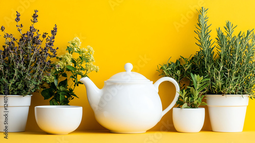 Wallpaper Mural A photograph of an elegant white teapot and cup, surrounded by potted plants against a vibrant yellow background. The scene is illuminated with soft natural light to highlight the delicate texture  Torontodigital.ca