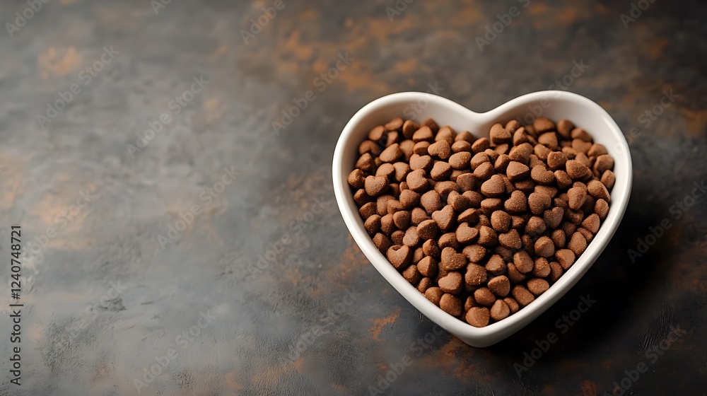 Fototapeta premium Dry pet food in heart shaped bowl on dark background. Top view.