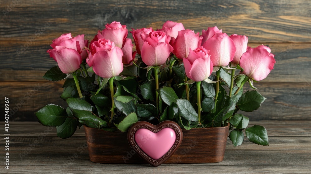 Fototapeta premium A Heartwarming Bouquet: Delicate Pink Roses Arranged in a Heart-Shaped Box, Accented with a Chocolate Heart, Perfect for Valentine's Day or Any Occasion to Express Your Love and Affection