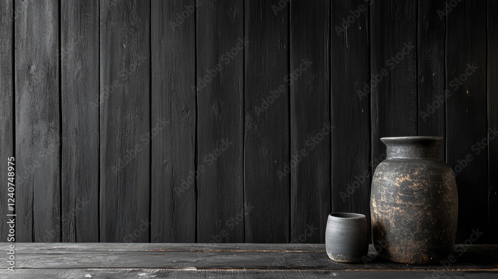 A dark, black wall paired with rough wooden planks, giving a rustic and textured feel perfect for product showcase in a creative setting. A dark, black wall paired with rough wooden planks, giving a rustic and textured feel perfect for product showcase in a creative setting.