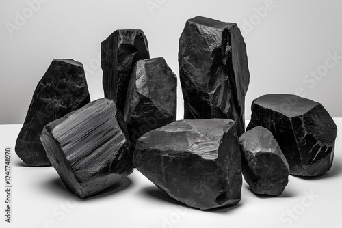 Raw graphite chunks arranged in an artistic display showcasing natural texture and color varieties