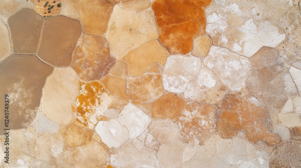 Aerial view of colorful salt flats with geometric shapes in arid landscape Aerial view of colorful salt flats with geometric shapes in arid landscape