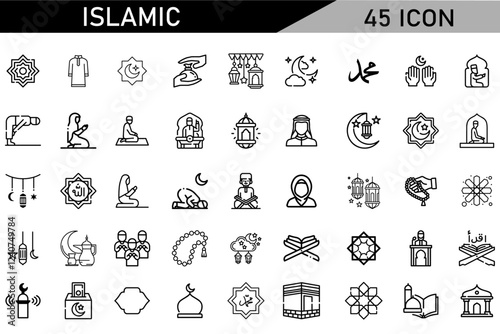 Minimalist Islamic Icon Pack | 45 Outline Vector Icons, Editable stroke. 