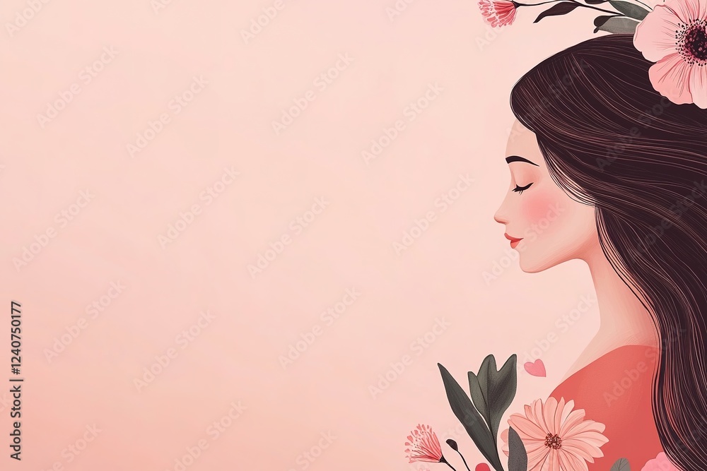 Fototapeta premium Side profile of illustrated woman with flowers, serene expression, pastel backdrop.
