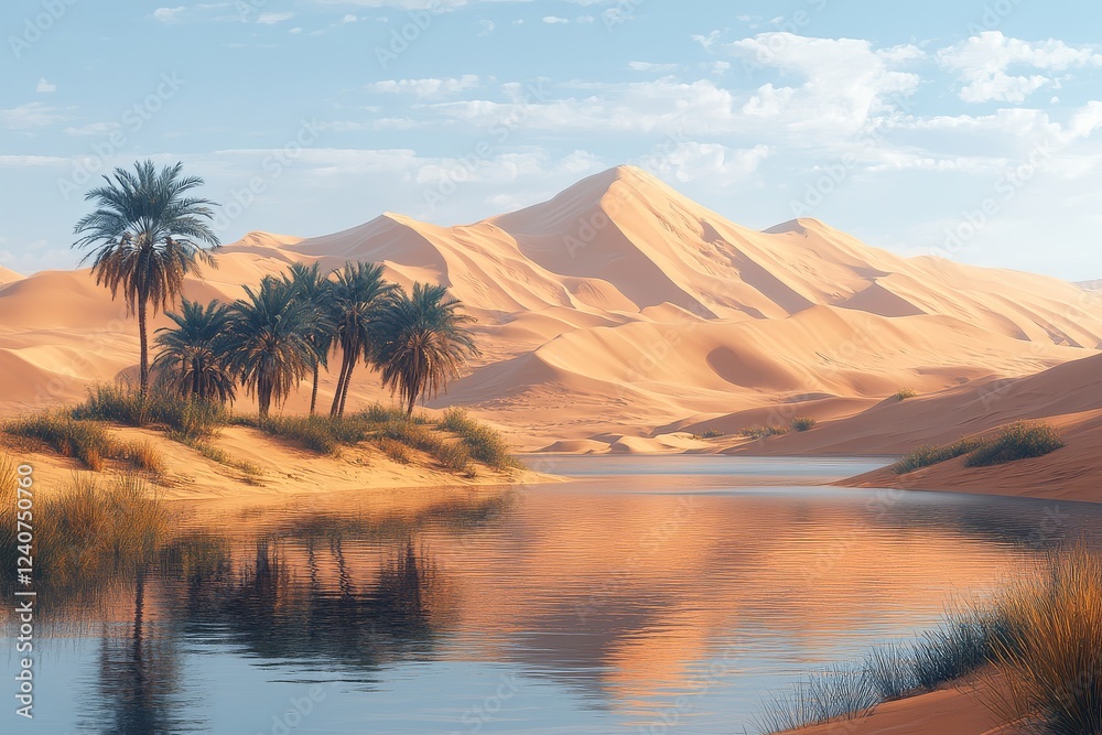Oasis in Desert with Trees and Water, Serene Landscape Against Sand Dunes Under Clear Sky