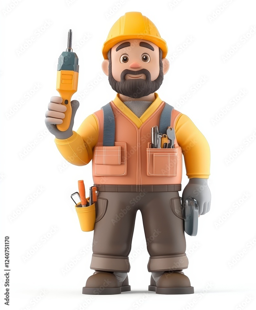 Fototapeta premium Cartoon Builder Character Holding Electric Drill with Tools