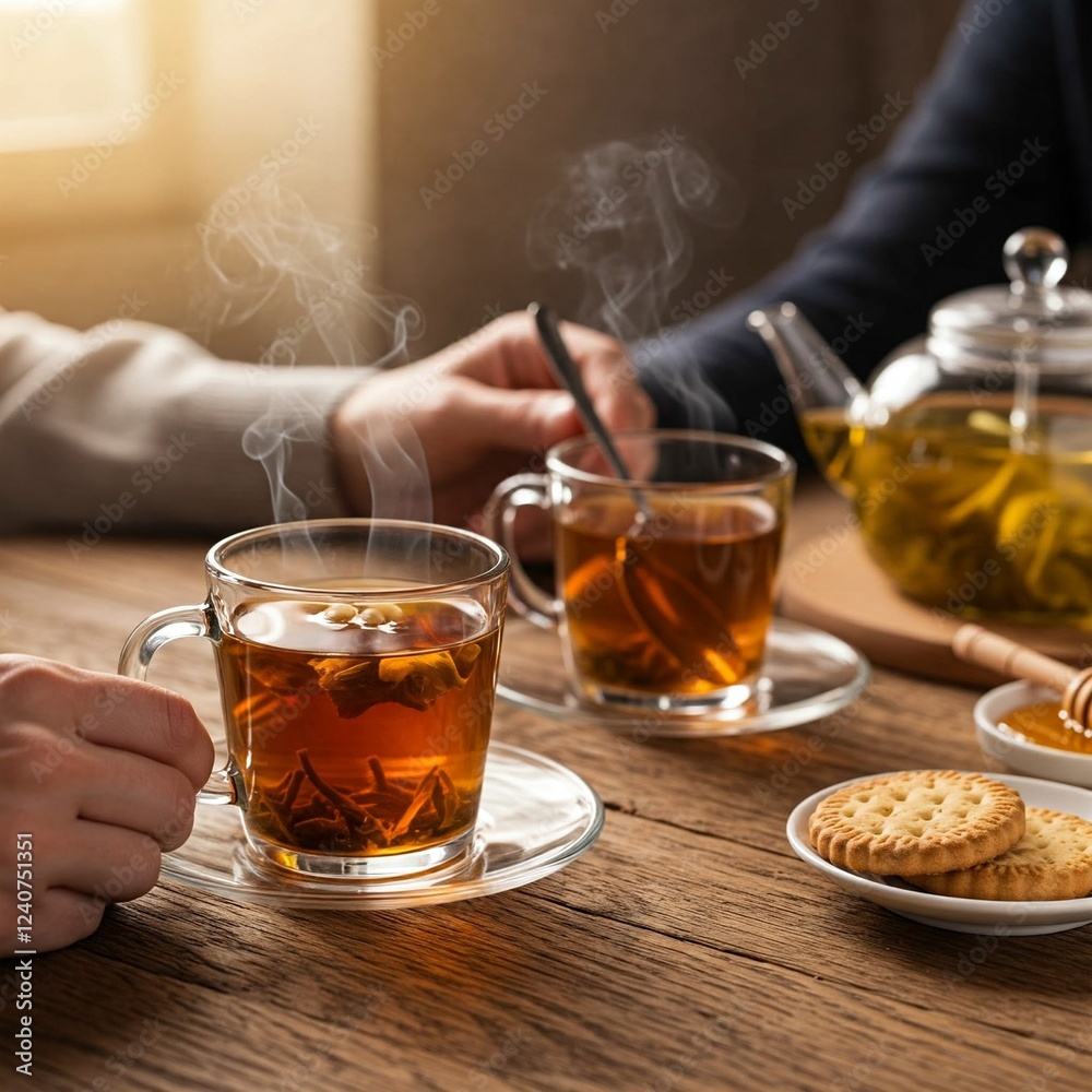 Two steaming cups of herbal tea served in glass mugs alongside honey and biscuits on a rustic wooden table during daylight.
Two steaming cups of herbal tea served in glass mugs alongside honey and biscuits on a rustic wooden table during daylight.