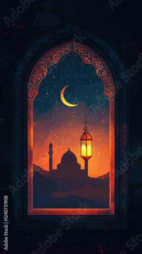 Beautiful Mosque Silhouette at Dusk with Lantern and Moon