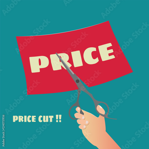 Hand cutting the price paper. Price cut concept vector illustration