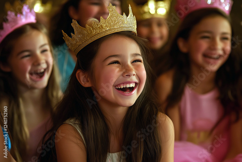 Birthday girl surrounded by her friends, all wearing crowns and laughing during a princess storytime activity. photo