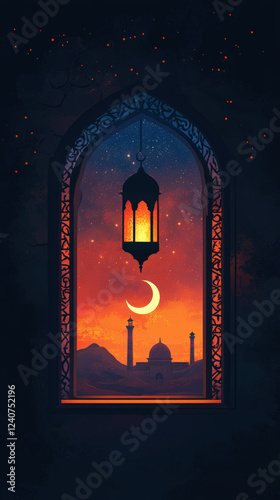 Ramadan Kareem Theme with Lantern and Crescent Moon