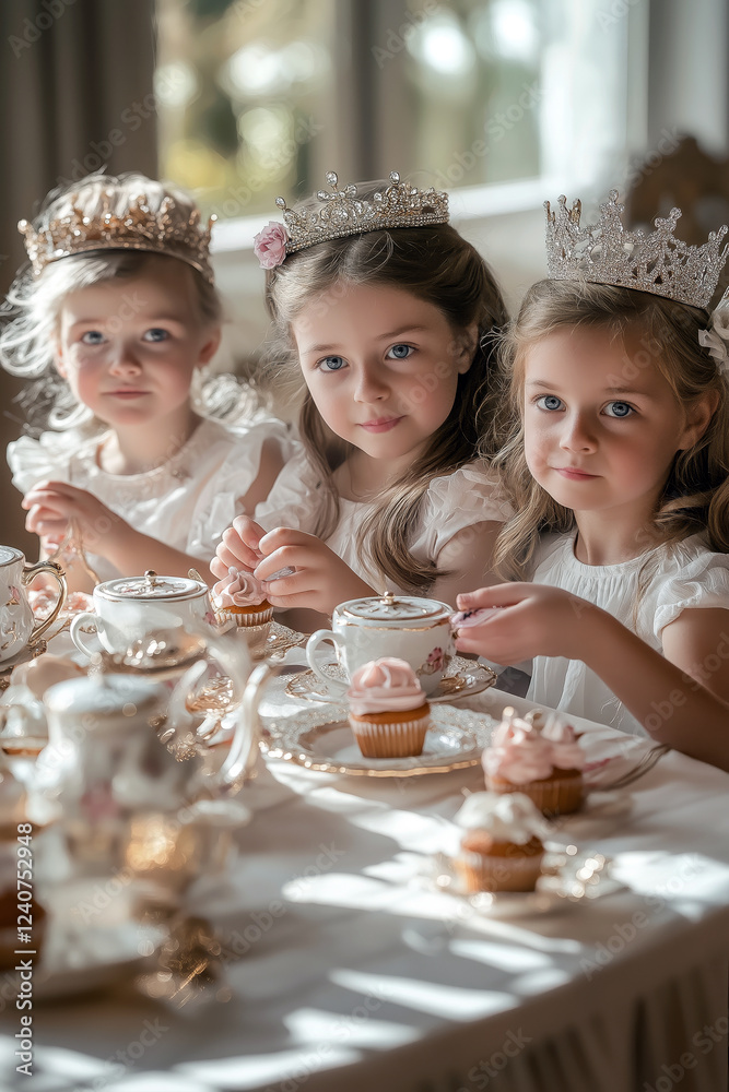 Group of children having fun at a princess-themed tea party, with delicate tea sets, cupcakes, and tiaras on the table. Group of children having fun at a princess-themed tea party, with delicate tea sets, cupcakes, and tiaras on the table.