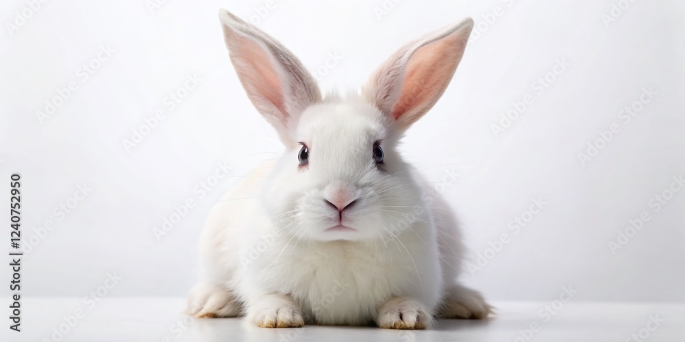 Fototapeta premium Adorable Fluffy White Rabbit Sitting, Isolated on White Background - Perfect for Pet, Easter, or Spring Designs