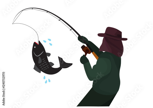 A young man raised his fishing rod and caught a fish.