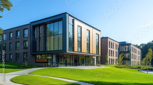 Modern campus building sunny day, green lawn, residential