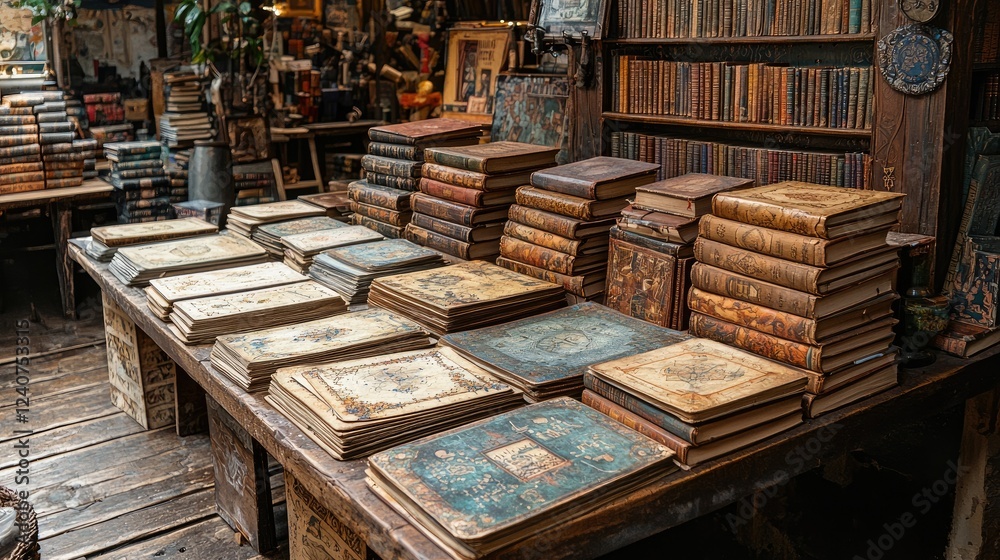 Antique Books Stacked On Wooden Tables In A Shop