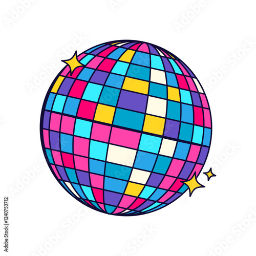 Vector disco ball retro icon. Vintage music and discotheque, night club party and 90s dancing, celebration sphere. Globe for 80s holiday and festive entertainment. Mirrorball for dance. Disco ball.