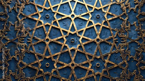 Intricate geometric pattern with golden accents on a deep blue background, showcasing artistry