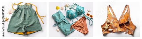 Beachwear collection: stylish teal shorts, bikini sets in teal and orange, and a shell-adorned top. Perfect summer outfits. photo