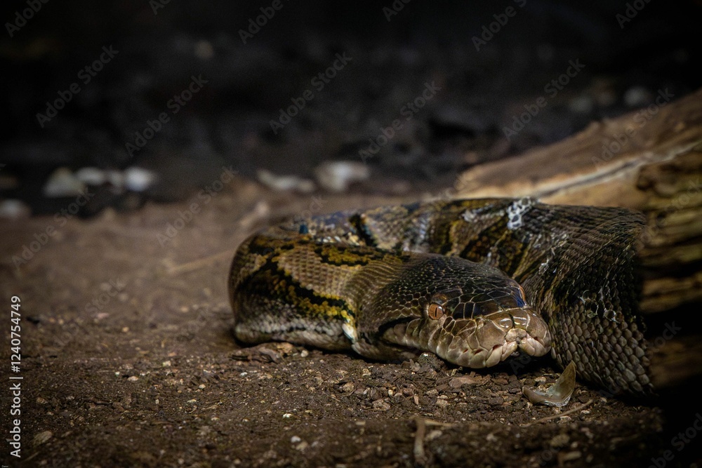 Fototapeta premium Close-up of a python resting on the forest floor, highlighting its intricate scales