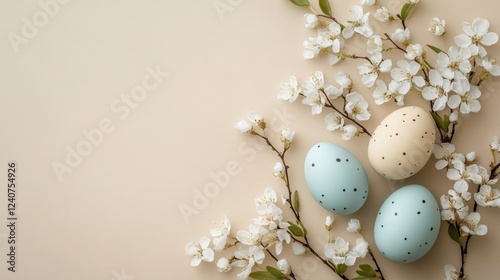 White and blue Easter eggs and flowers, Easter card, Easter card or banner mockup