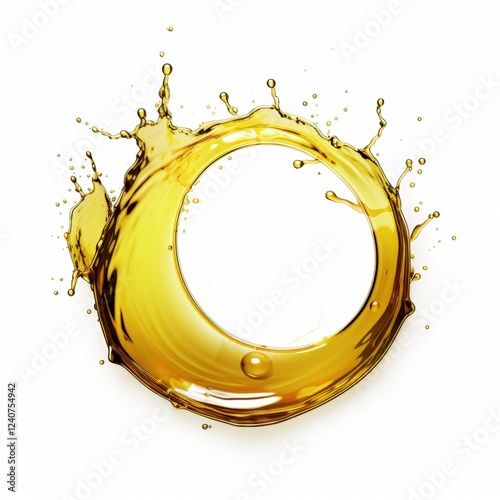 Golden Olive Oil Splash Isolated on White Background with Round Frame for Culinary and Food Art Applications