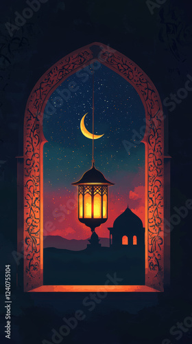 Ornate Window View of Lantern, Crescent Moon, and Mosque