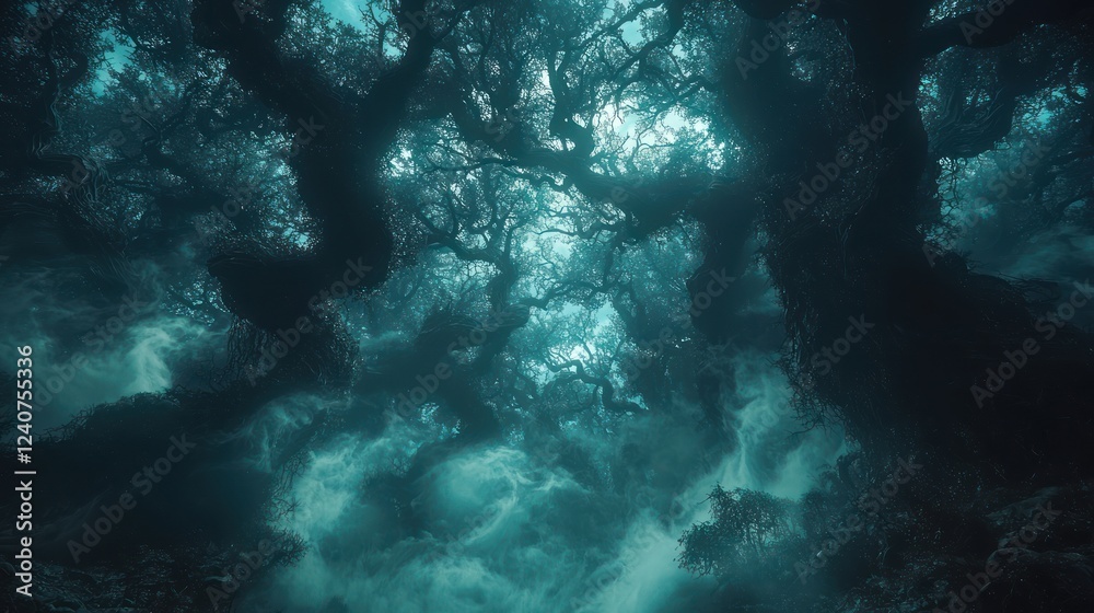 Fototapeta premium Dark forest canopy, mystical light, digital art, game background