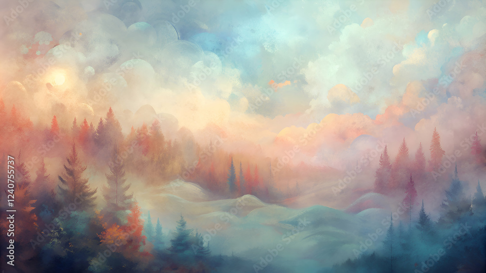 Dreamy Forest Landscape with Fog and Sunlight Dreamy Forest Landscape with Fog and Sunlight