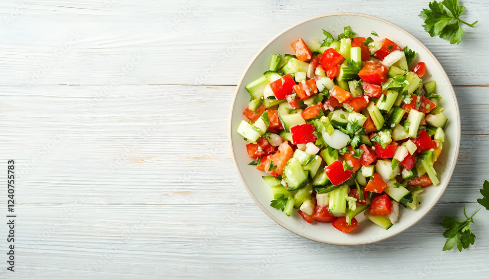 Delicious fresh celery salad served on white wooden table, flat lay. Space for text Delicious fresh celery salad served on white wooden table, flat lay. Space for text