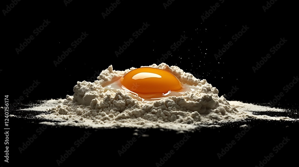 Flour and egg on a black background. Top view, copy space Flour and egg on a black background. Top view, copy space