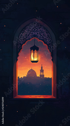 Elegant Ramadan Lantern Framing a Mosque at Sunset