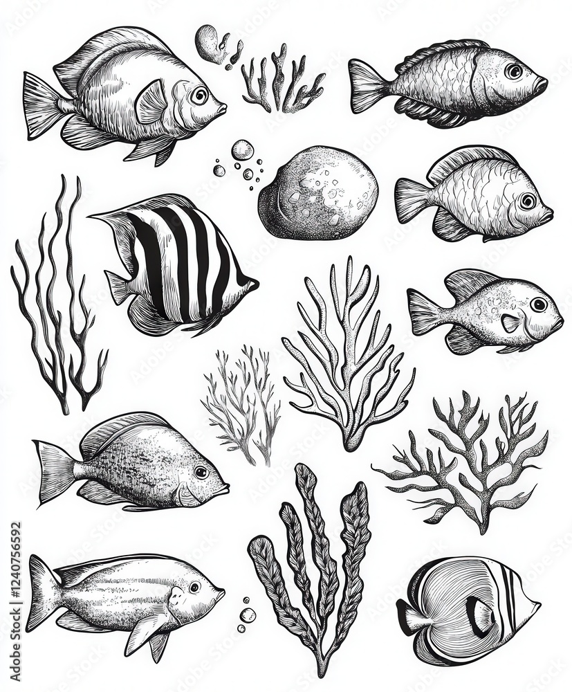 Black and White Illustration of Various Fish and Marine Plants Black and White Illustration of Various Fish and Marine Plants