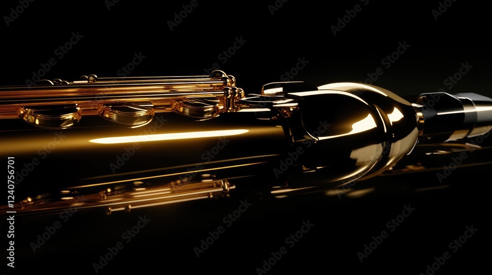 Naklejka premium A golden alto saxophone illuminated by a spotlight, casting soft reflections on a glossy black surface, showcasing its exquisite craftsmanship and design.