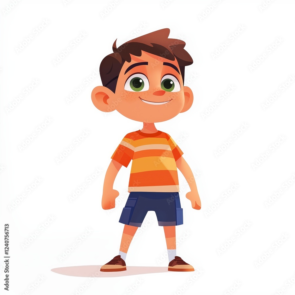 Cheerful Cartoon Boy with Striped Shirt and Blue Shorts Smiling Cheerful Cartoon Boy with Striped Shirt and Blue Shorts Smiling