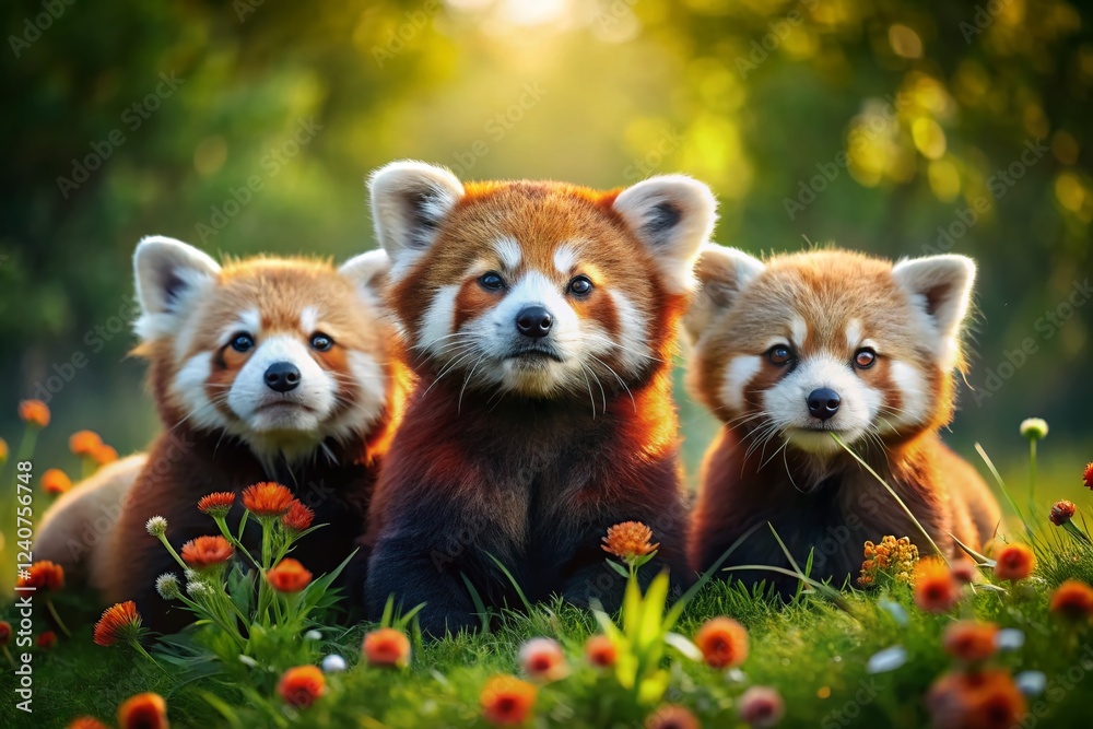 Adorable Red Pandas: Flat Abstract Style Illustrations, Vibrant Red Fur, Green Grass Background Adorable Red Pandas: Flat Abstract Style Illustrations, Vibrant Red Fur, Green Grass Background