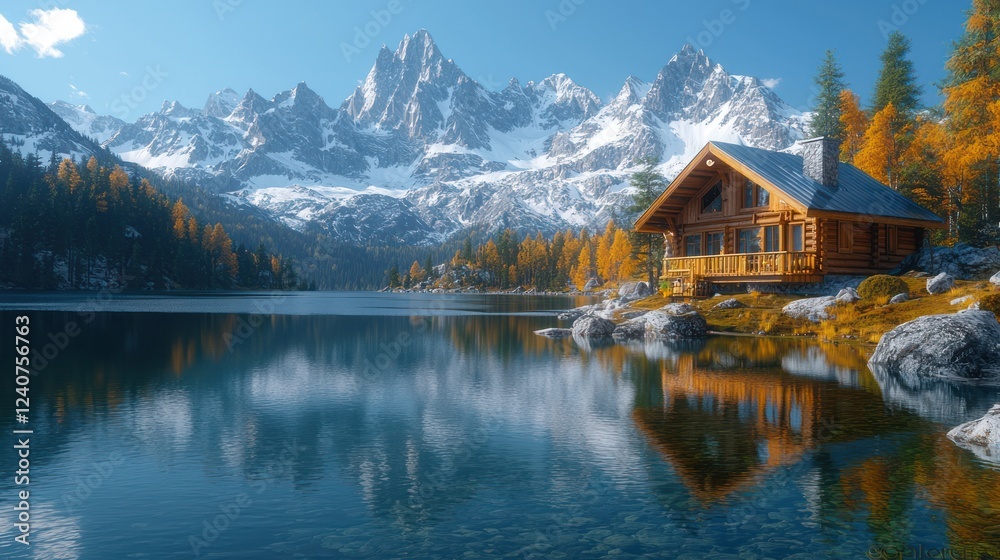 Alpine lake cabin, autumn, mountains, reflection Alpine lake cabin, autumn, mountains, reflection